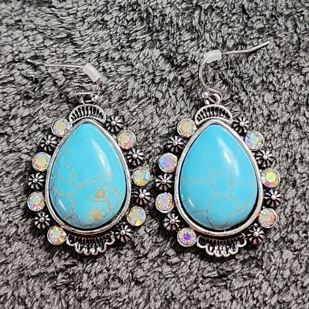 Turquoise and Silver Teardrop Earrings with Iridescent Crystals - Picture 2 of 7